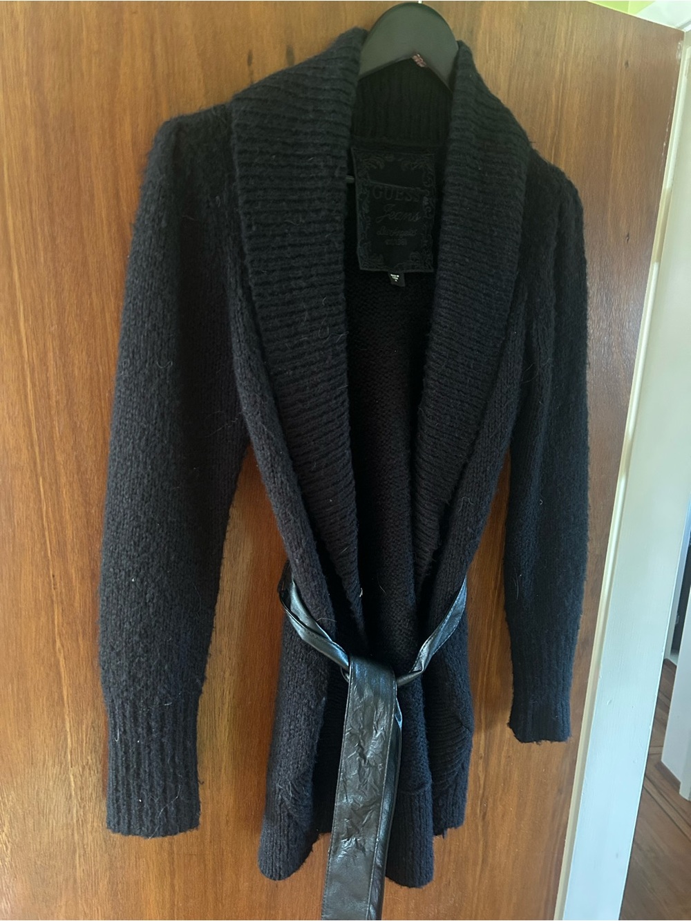 Guess Black Shawl Collar Knit Cardigan with Belt